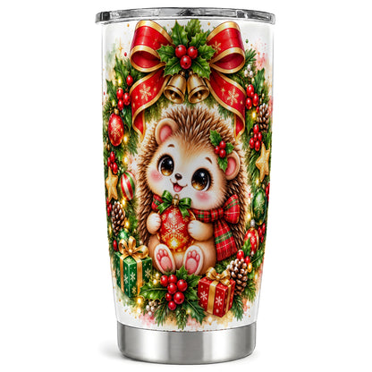 Cute Christmas Hedgehog Tumbler 20oz, Watercolor Stainless Steel Travel Cup