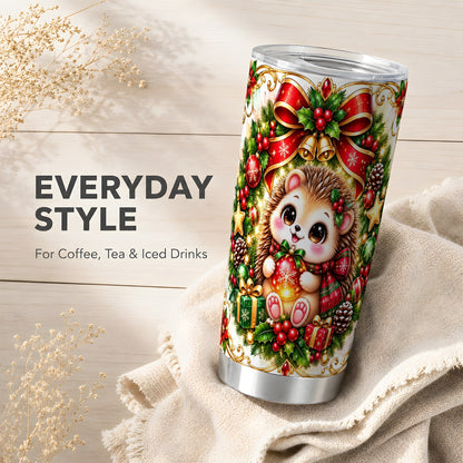 Christmas Hedgehog Tumbler 20oz, Woodland Stainless Steel Travel Cup