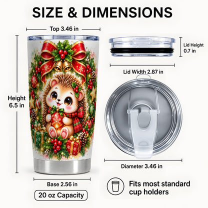 #pl[20oz|Steel] Cute Christmas Hedgehog Tumbler 20oz, Watercolor Stainless Steel Travel Cup