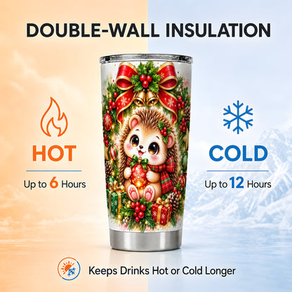 Cute Christmas Hedgehog Tumbler 20oz, Watercolor Stainless Steel Travel Cup