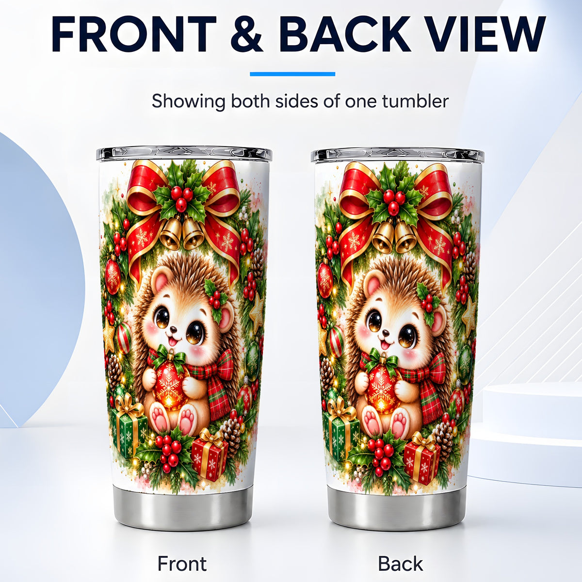 #pl[20oz|Steel] Cute Christmas Hedgehog Tumbler 20oz, Watercolor Stainless Steel Travel Cup
