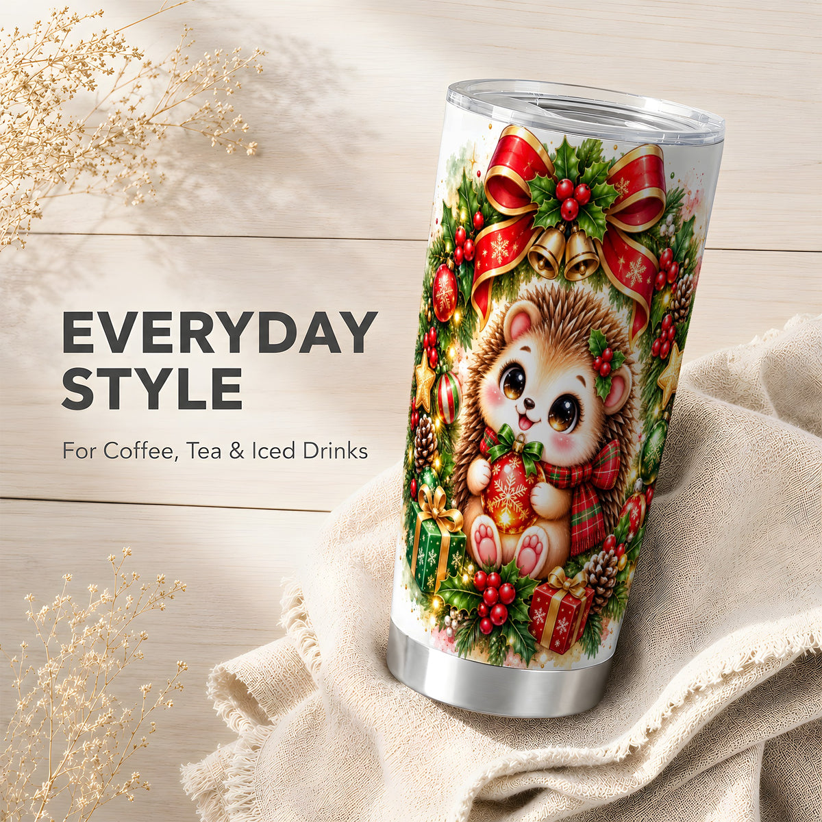 Cute Christmas Hedgehog Tumbler 20oz, Watercolor Stainless Steel Travel Cup