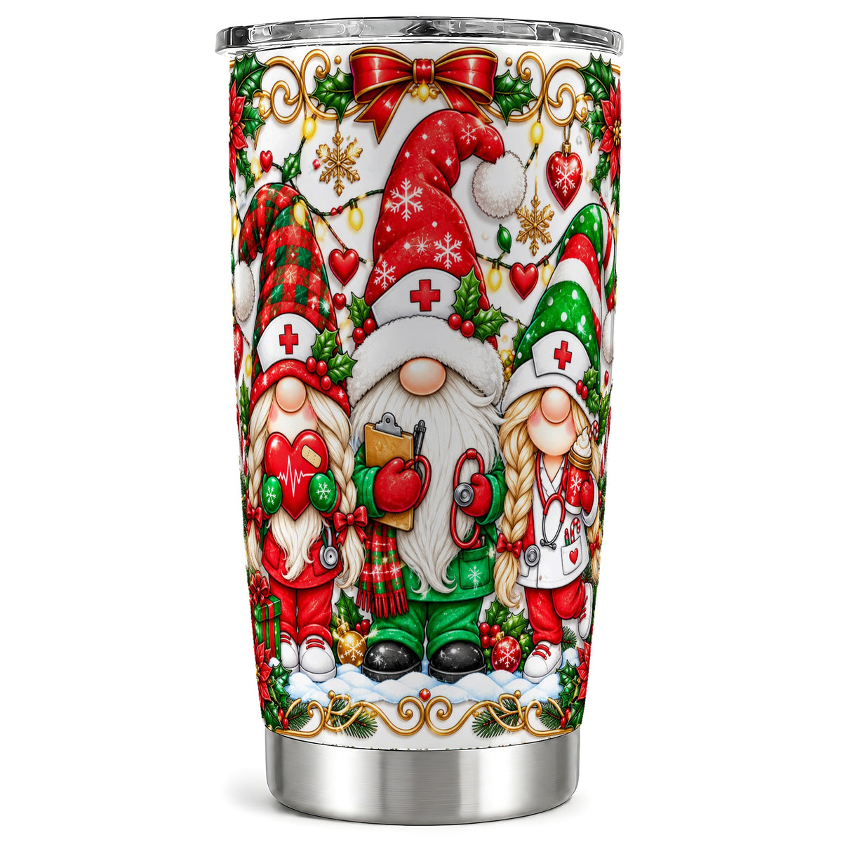 Christmas Nurse Gnomes Tumbler 20oz, Stainless Steel Travel Cup