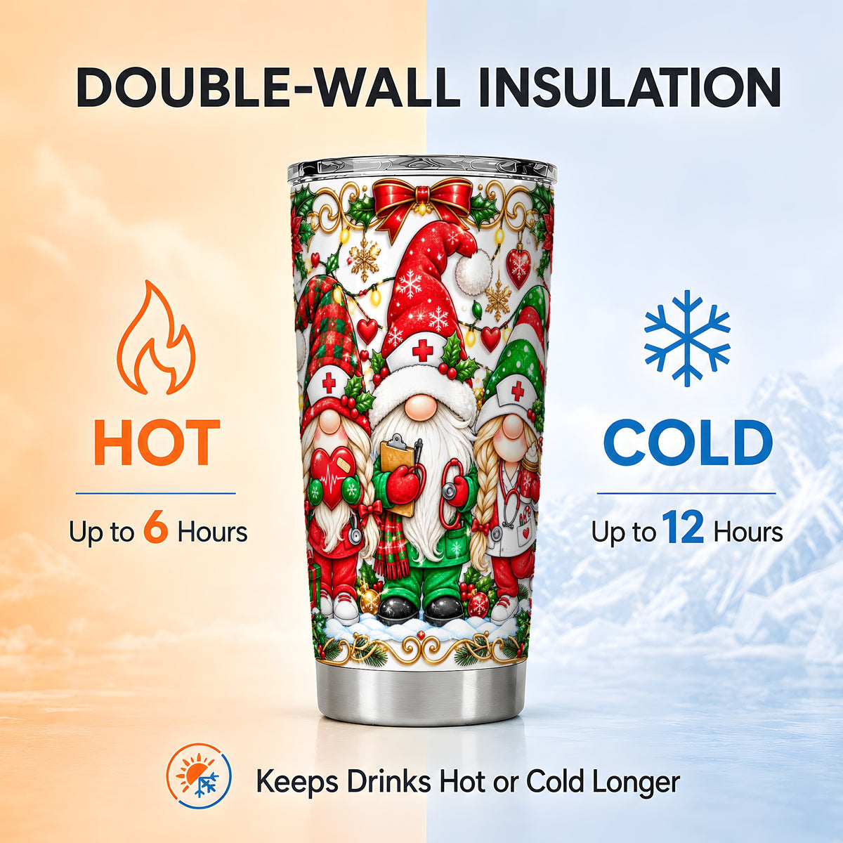 Christmas Nurse Gnomes Tumbler 20oz, Stainless Steel Travel Cup