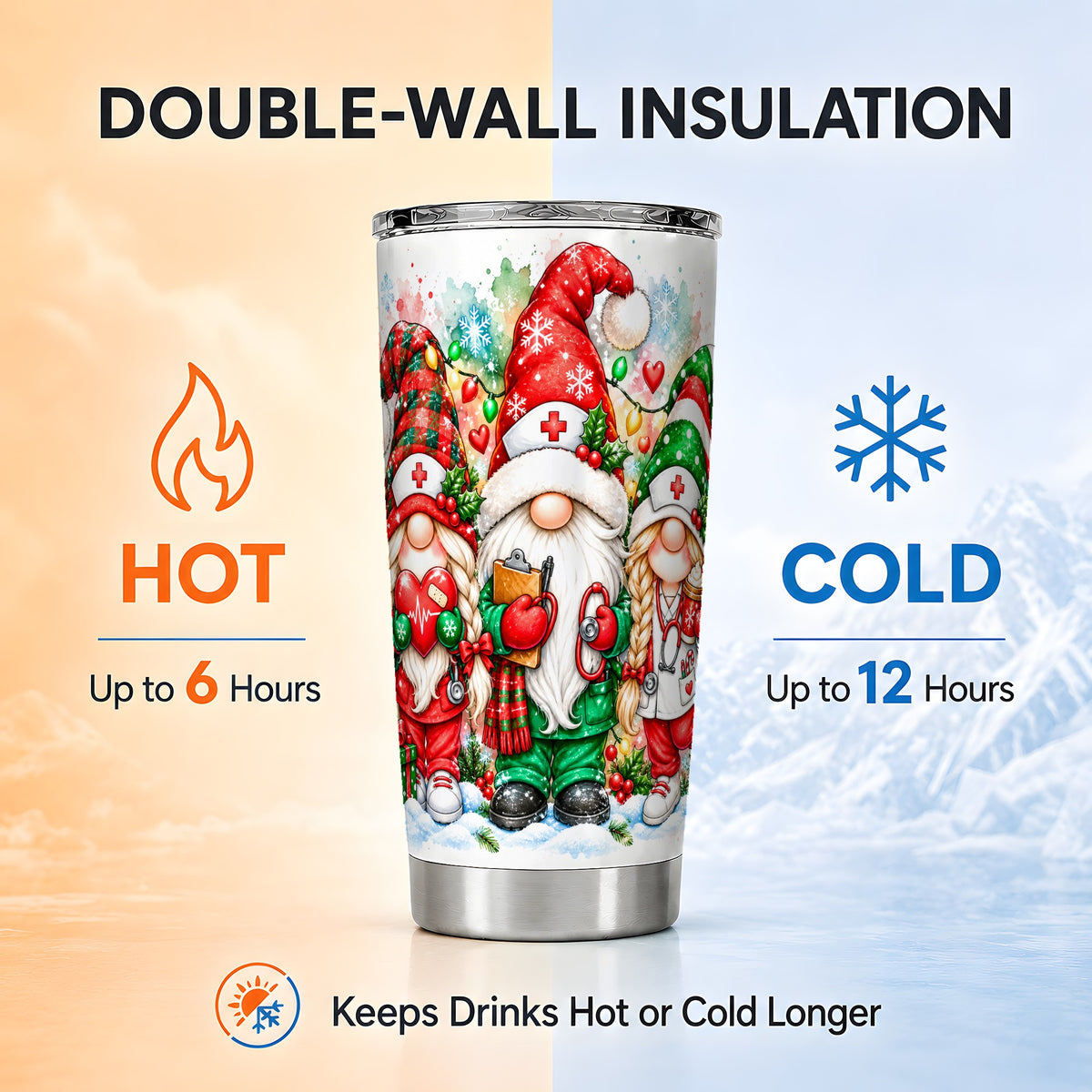 Christmas Nurse Gnomes Tumbler 20oz, Stainless Steel Travel Cup
