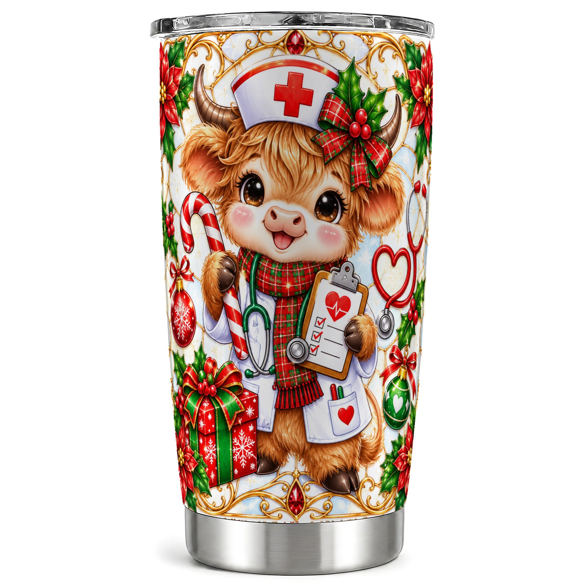 Christmas Nurse Highland Cow Tumbler 20oz, Stainless Steel Travel Cup