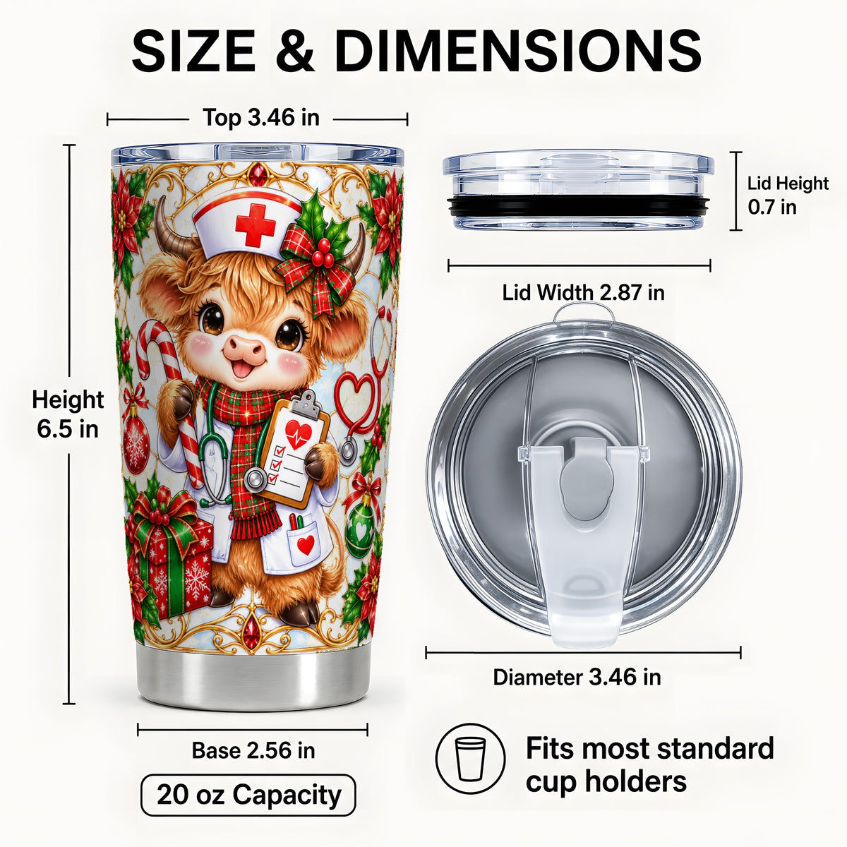 #pl[20oz|Steel] Christmas Nurse Highland Cow Tumbler 20oz, Stainless Steel Travel Cup