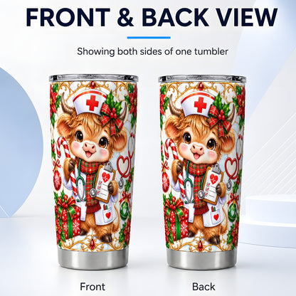 #pl[20oz|Steel] Christmas Nurse Highland Cow Tumbler 20oz, Stainless Steel Travel Cup