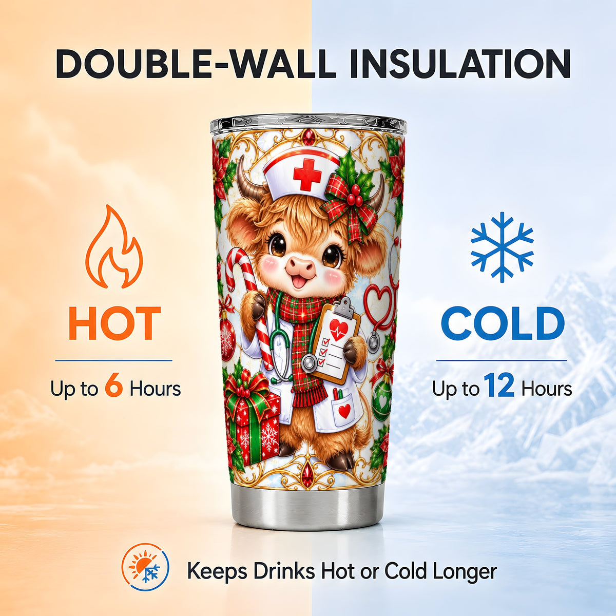 Christmas Nurse Highland Cow Tumbler 20oz, Stainless Steel Travel Cup