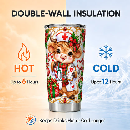 Christmas Nurse Highland Cow Tumbler 20oz, Stainless Steel Travel Cup