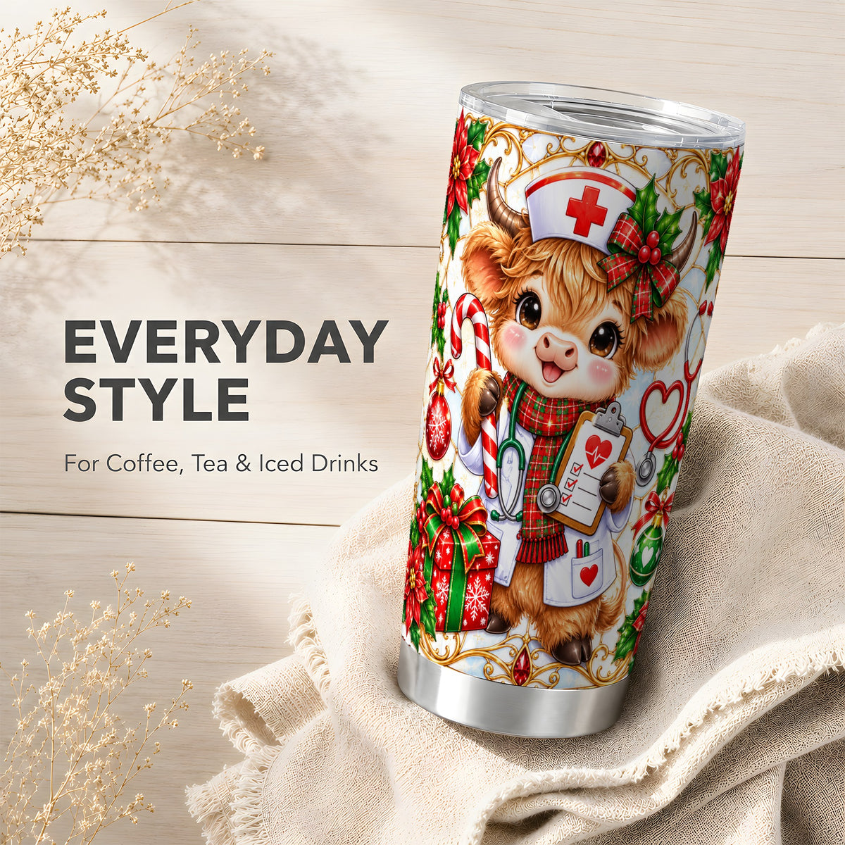 Christmas Nurse Highland Cow Tumbler 20oz, Stainless Steel Travel Cup