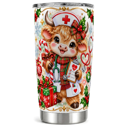 Christmas Nurse Cow Tumbler 20oz, Highland Cow Stainless Steel Travel Cup