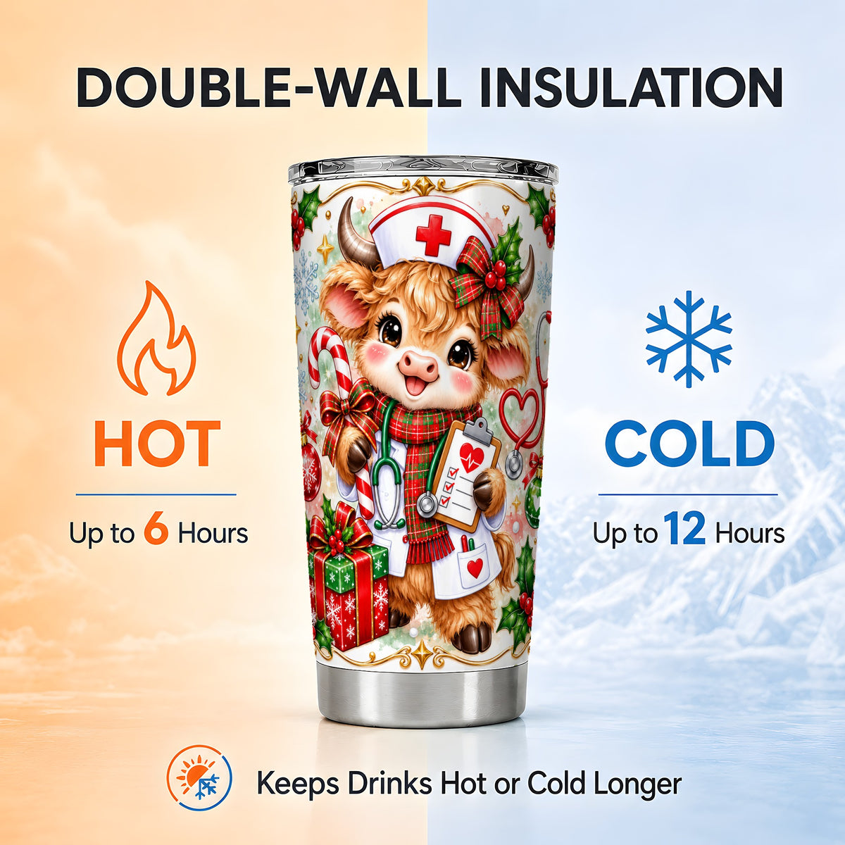 Christmas Nurse Cow Tumbler 20oz, Highland Cow Stainless Steel Travel Cup
