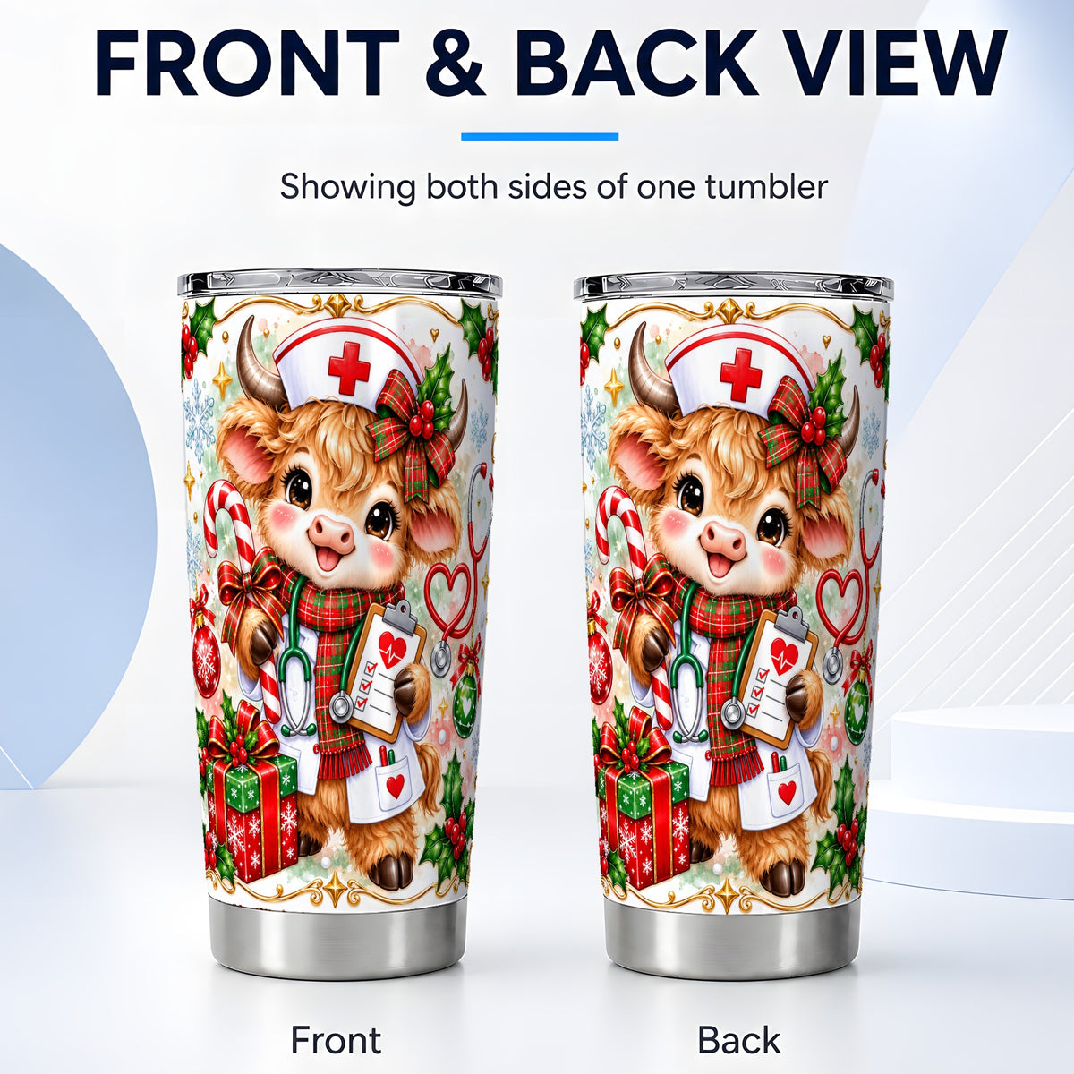 #pl[20oz|Steel] Christmas Nurse Cow Tumbler 20oz, Highland Cow Stainless Steel Travel Cup