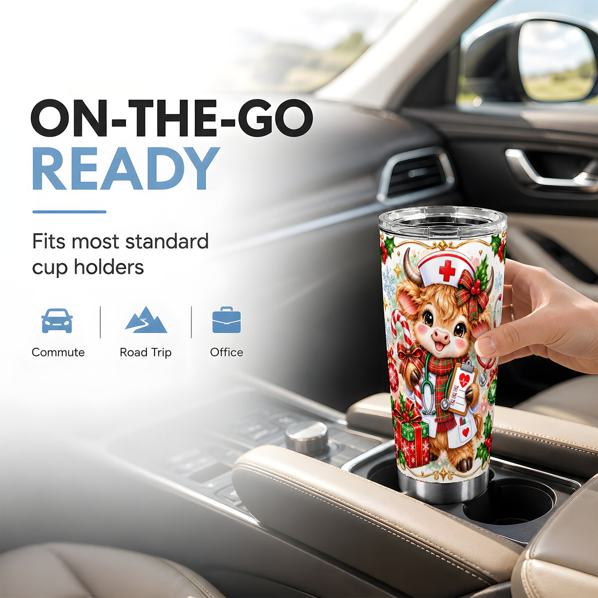 Christmas Nurse Cow Tumbler 20oz, Highland Cow Stainless Steel Travel Cup