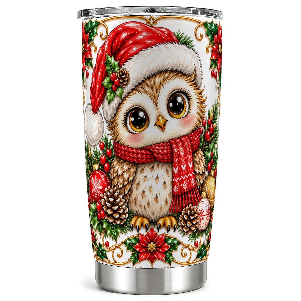 Christmas Owl Tumbler 20oz, Santa Hat Bird Stainless Steel Travel Cup
