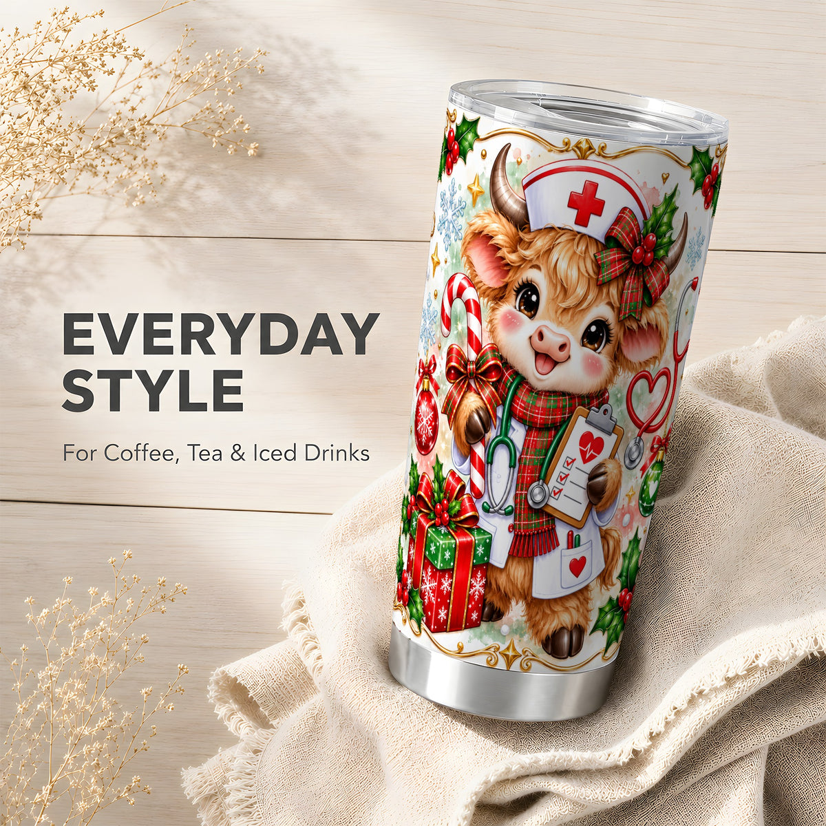 Christmas Nurse Cow Tumbler 20oz, Highland Cow Stainless Steel Travel Cup