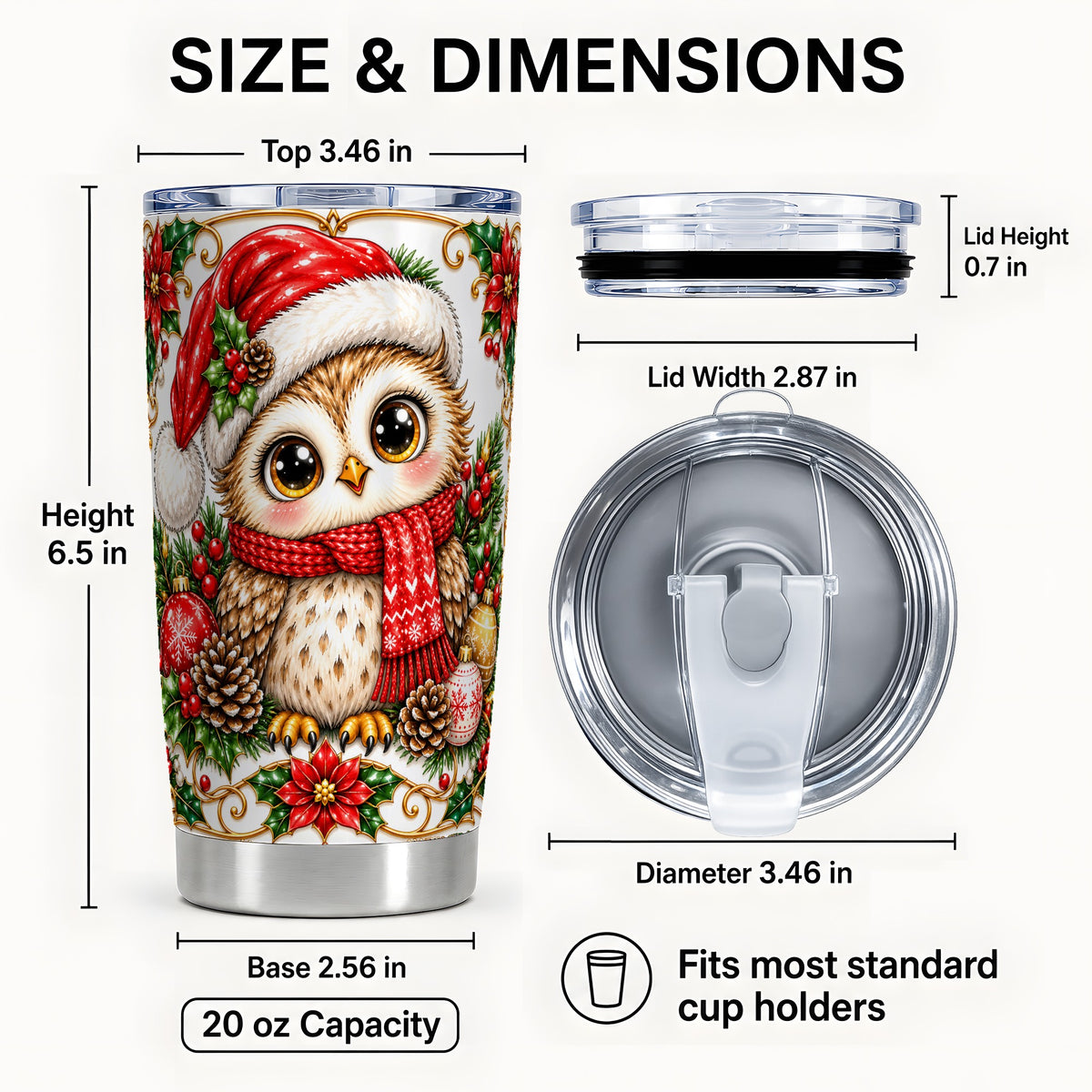 #pl[20oz|Steel] Christmas Owl Tumbler 20oz, Santa Hat Bird Stainless Steel Travel Cup
