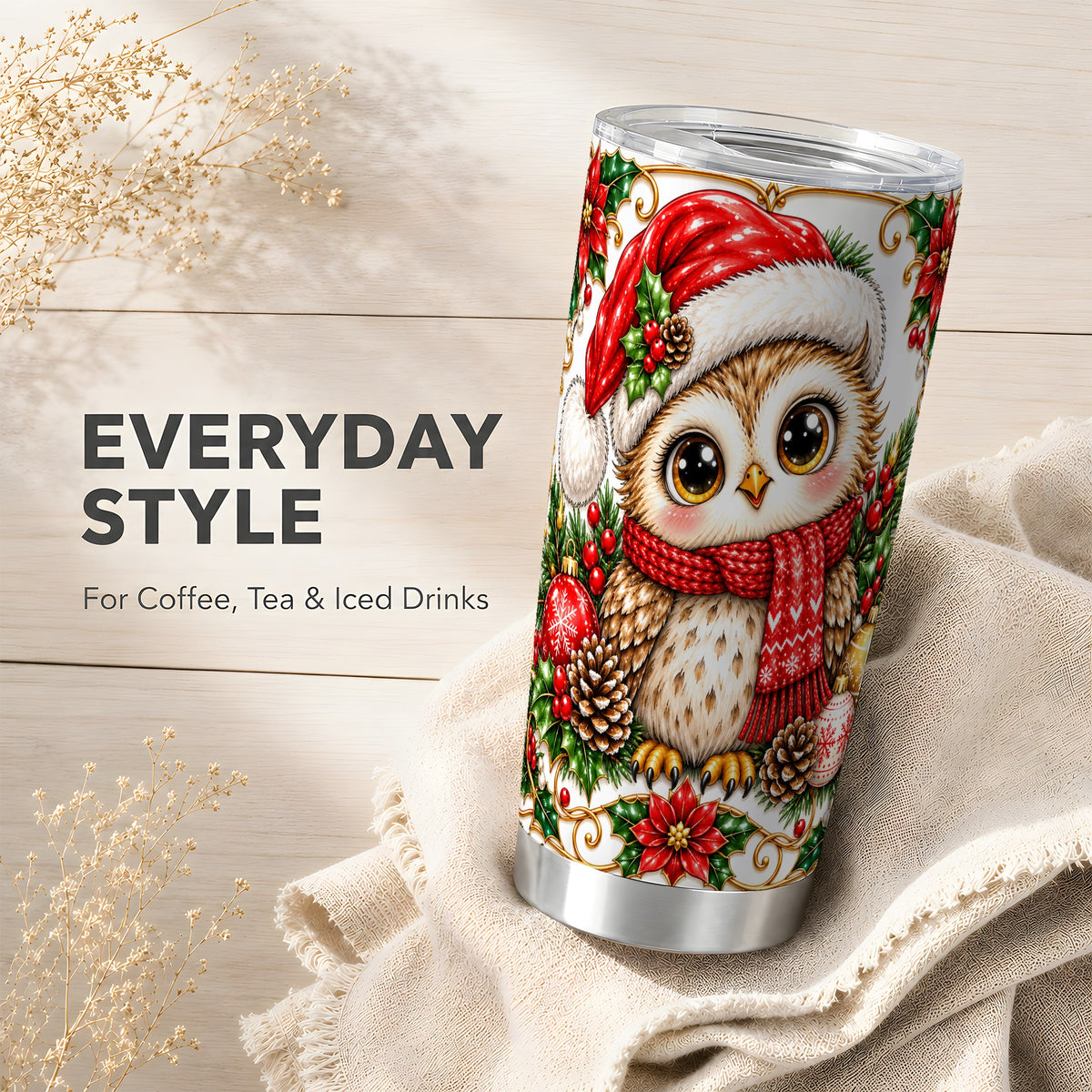 Christmas Owl Tumbler 20oz, Santa Hat Bird Stainless Steel Travel Cup