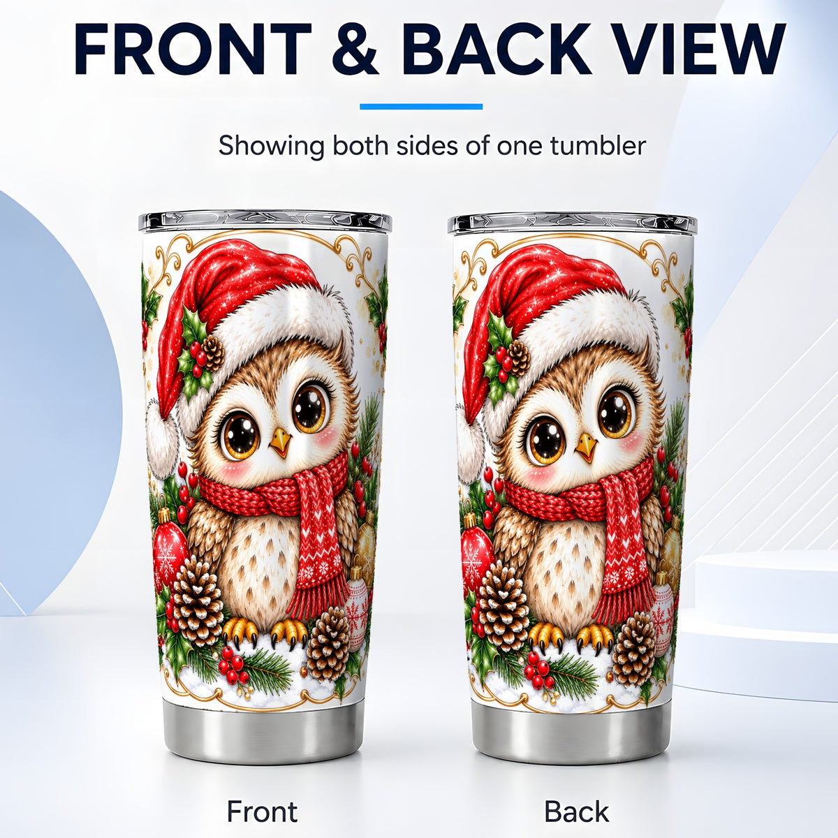 #pl[20oz|Steel] Cute Christmas Owl Tumbler 20oz, Snowy Bird Stainless Steel Travel Cup