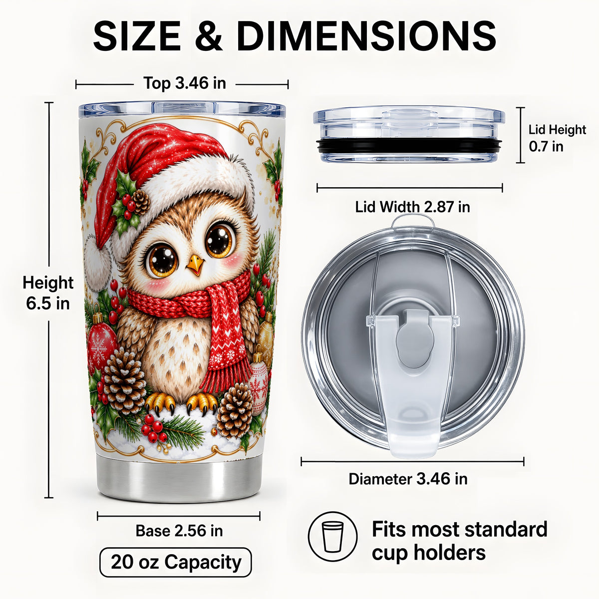 #pl[20oz|Steel] Cute Christmas Owl Tumbler 20oz, Snowy Bird Stainless Steel Travel Cup