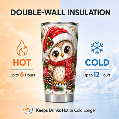 Cute Christmas Owl Tumbler 20oz, Snowy Bird Stainless Steel Travel Cup