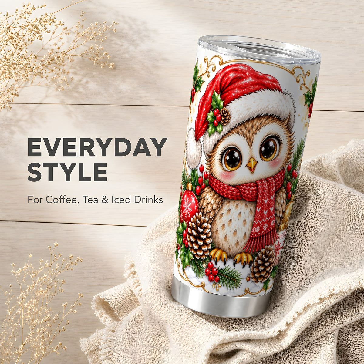 Cute Christmas Owl Tumbler 20oz, Snowy Bird Stainless Steel Travel Cup