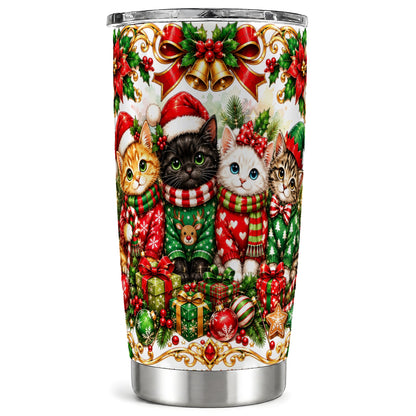 Christmas Kittens Tumbler 20oz, Festive Cats Stainless Steel Travel Cup