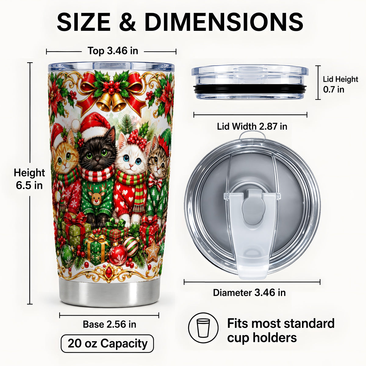 #pl[20oz|Steel] Christmas Kittens Tumbler 20oz, Festive Cats Stainless Steel Travel Cup