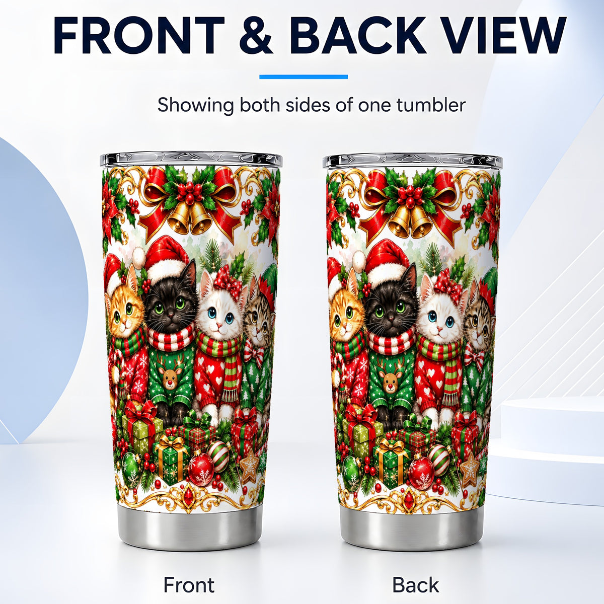 #pl[20oz|Steel] Christmas Kittens Tumbler 20oz, Festive Cats Stainless Steel Travel Cup
