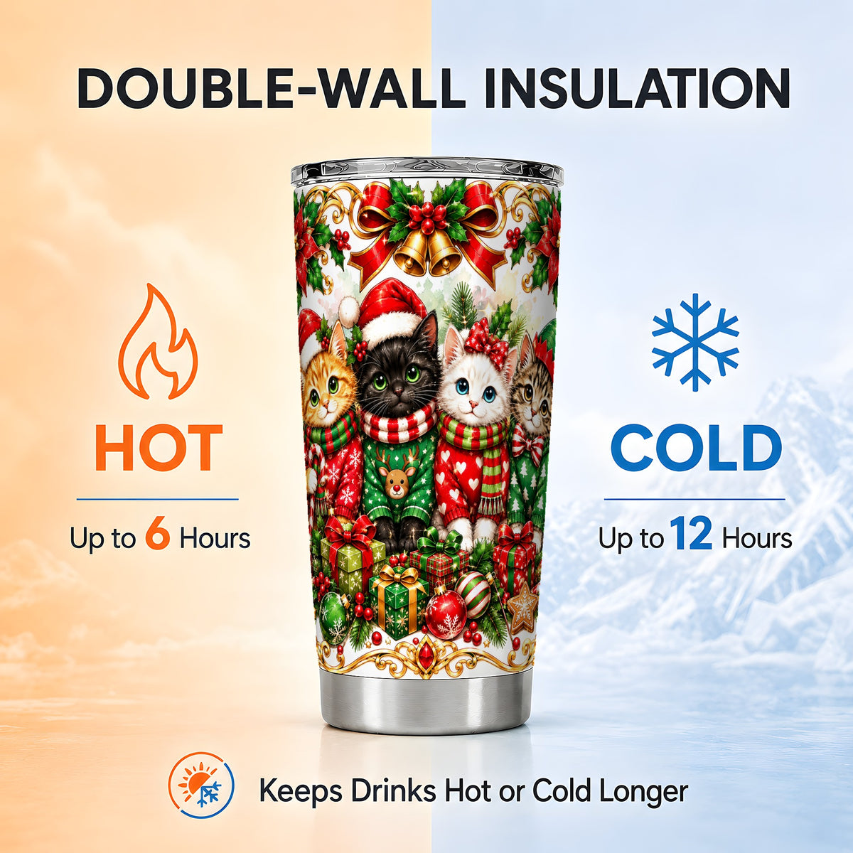 Christmas Kittens Tumbler 20oz, Festive Cats Stainless Steel Travel Cup