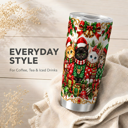 Christmas Kittens Tumbler 20oz, Festive Cats Stainless Steel Travel Cup