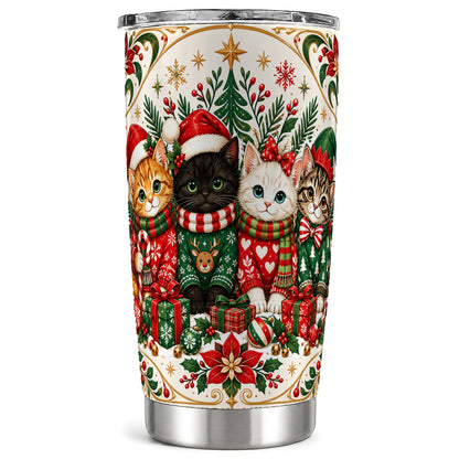 Christmas Cat Family Tumbler 20oz, Kittens Stainless Steel Travel Cup