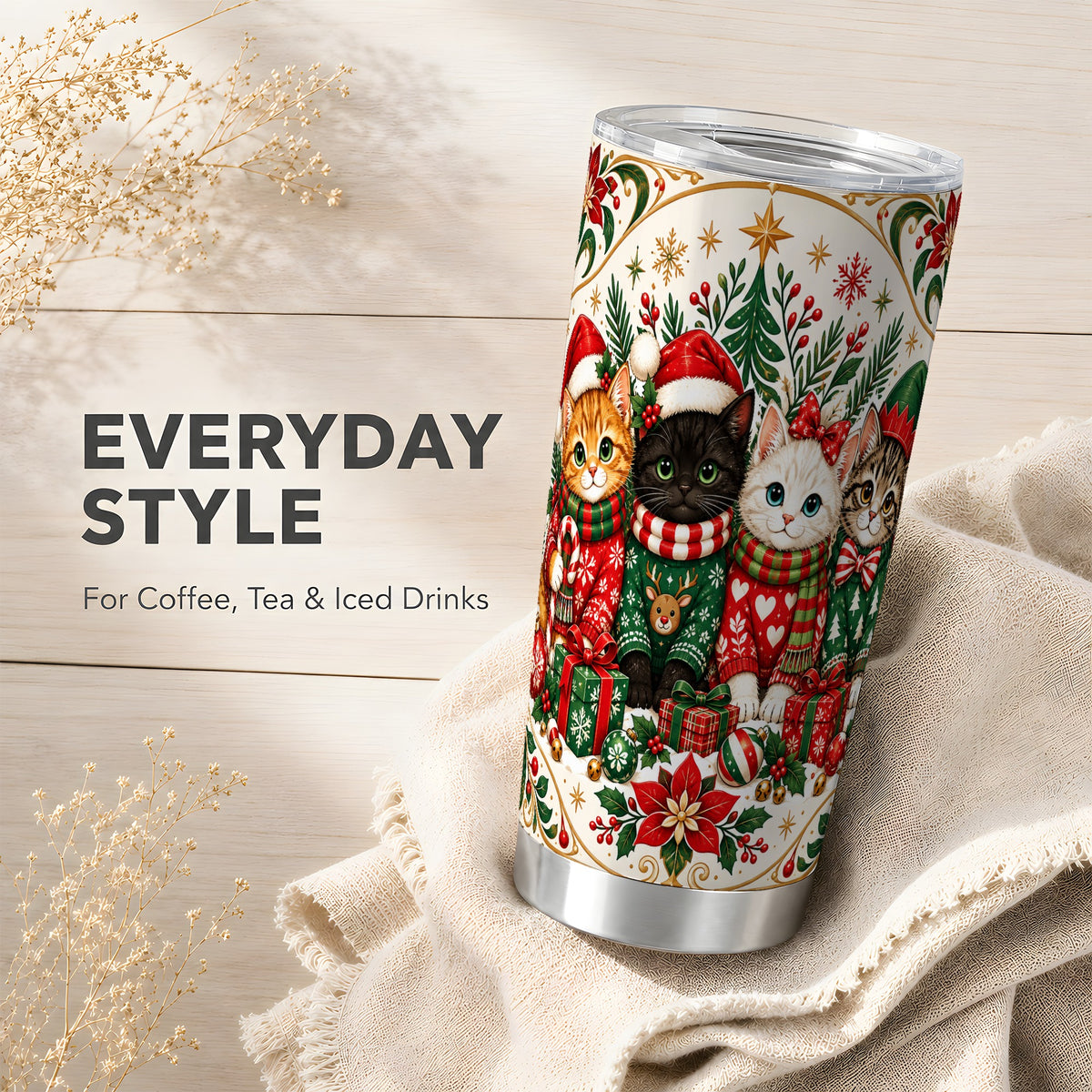 Christmas Cat Family Tumbler 20oz, Kittens Stainless Steel Travel Cup