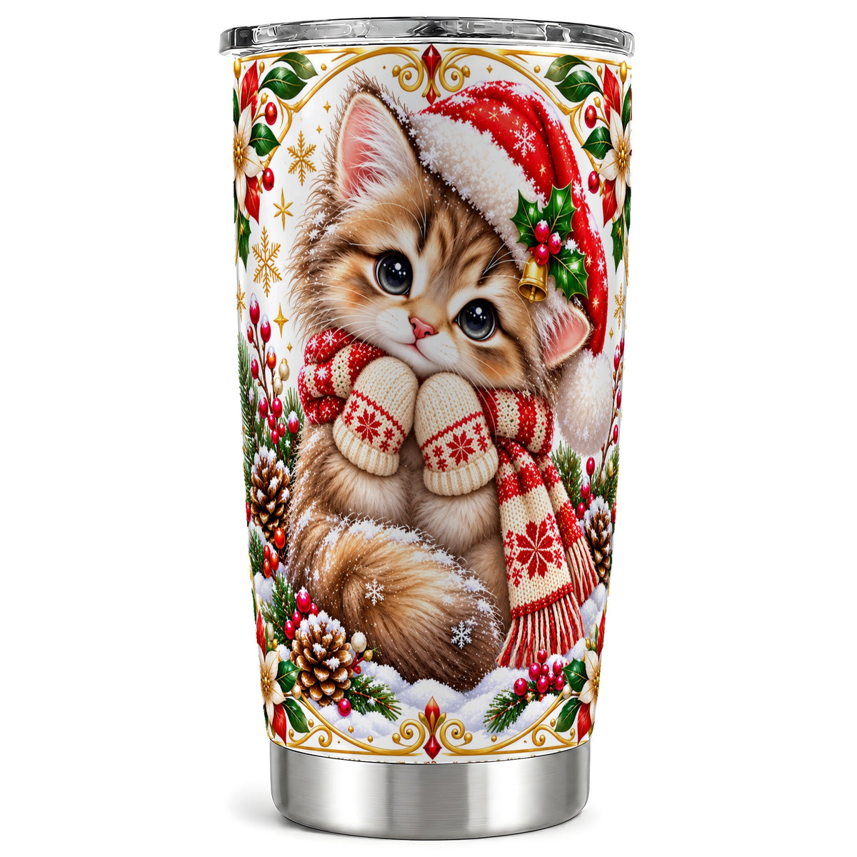 Christmas Kitten Tumbler 20oz, Cute Cat Stainless Steel Travel Cup