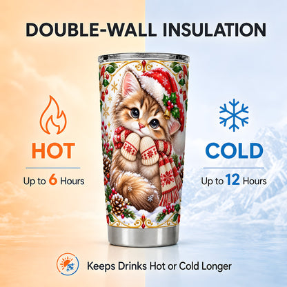 Christmas Kitten Tumbler 20oz, Cute Cat Stainless Steel Travel Cup