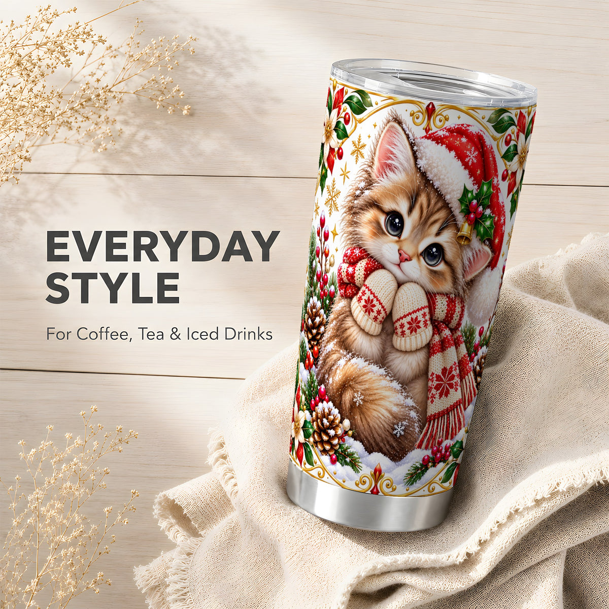 Christmas Kitten Tumbler 20oz, Cute Cat Stainless Steel Travel Cup
