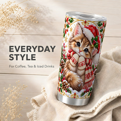 Christmas Kitten Tumbler 20oz, Cute Cat Stainless Steel Travel Cup