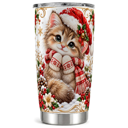 Santa Hat Kitten Tumbler 20oz, Christmas Cat Stainless Steel Travel Cup