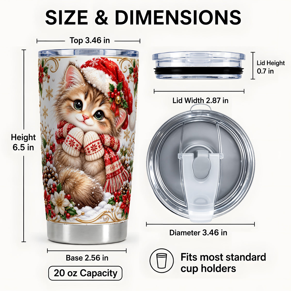 #pl[20oz|Steel] Santa Hat Kitten Tumbler 20oz, Christmas Cat Stainless Steel Travel Cup