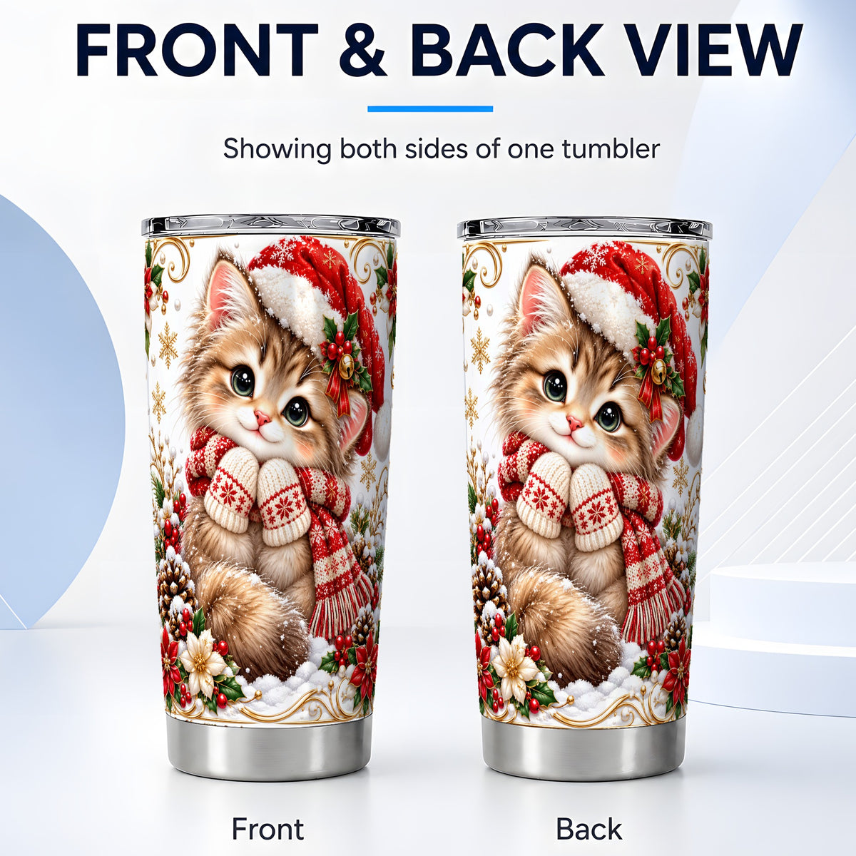 #pl[20oz|Steel] Santa Hat Kitten Tumbler 20oz, Christmas Cat Stainless Steel Travel Cup