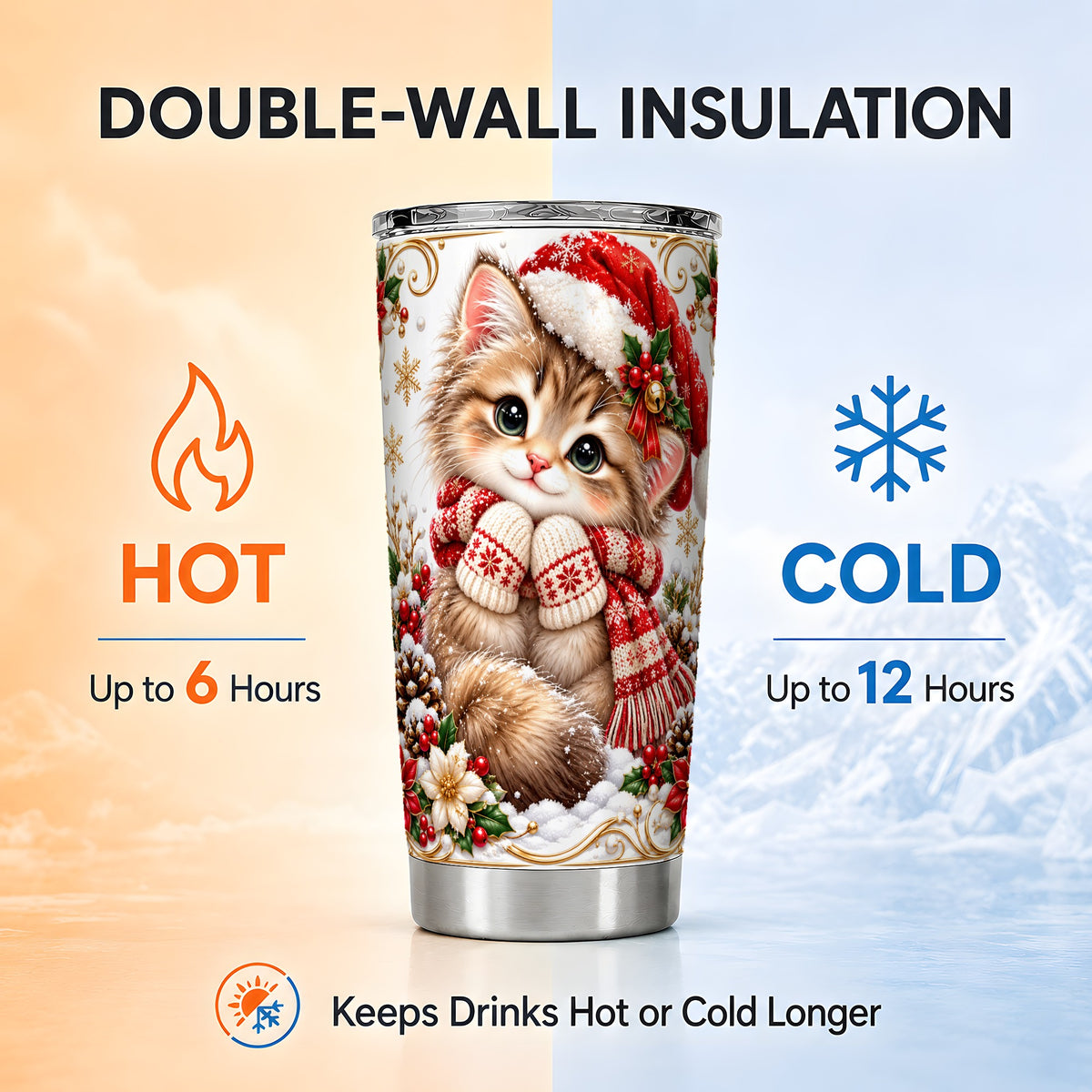 Santa Hat Kitten Tumbler 20oz, Christmas Cat Stainless Steel Travel Cup