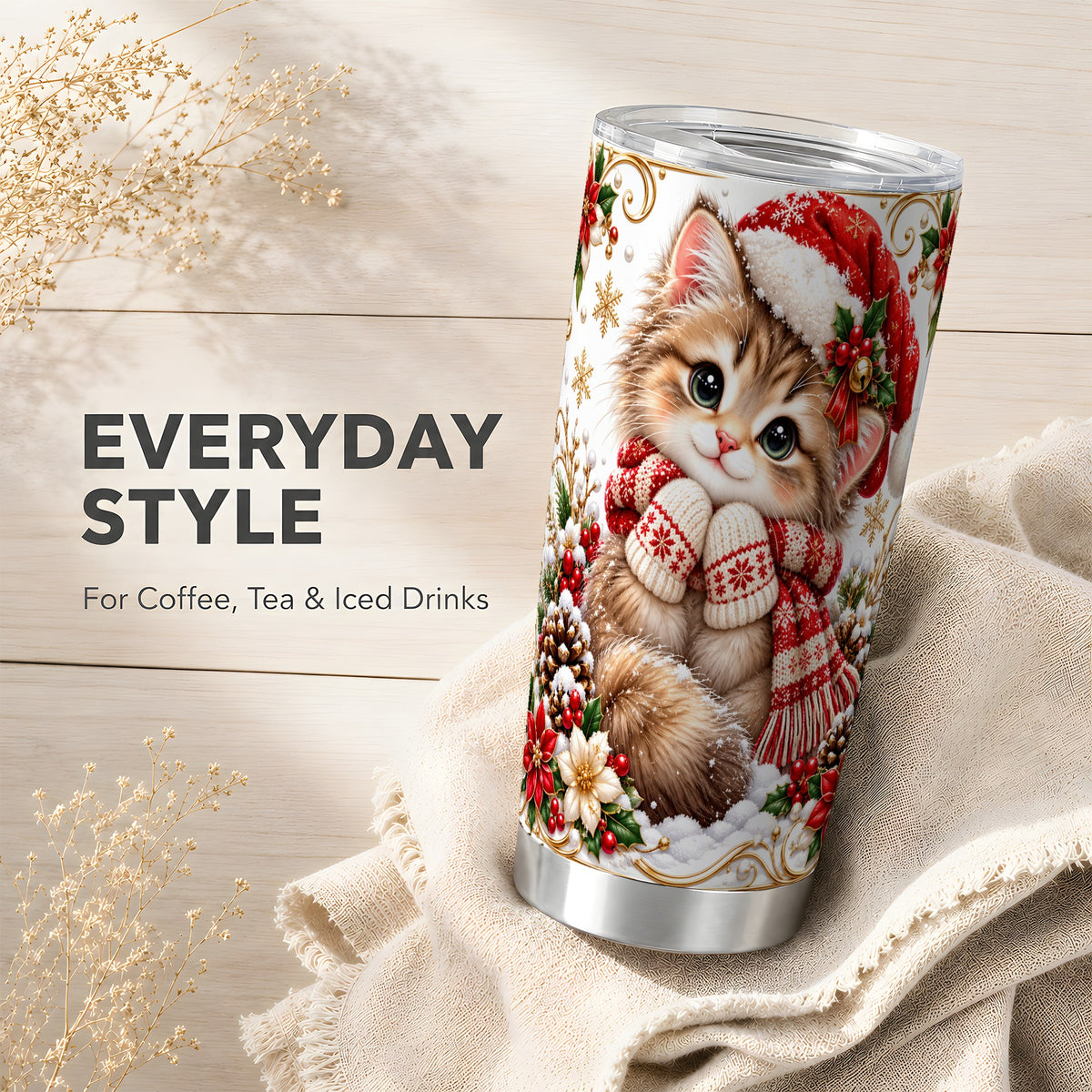 Santa Hat Kitten Tumbler 20oz, Christmas Cat Stainless Steel Travel Cup