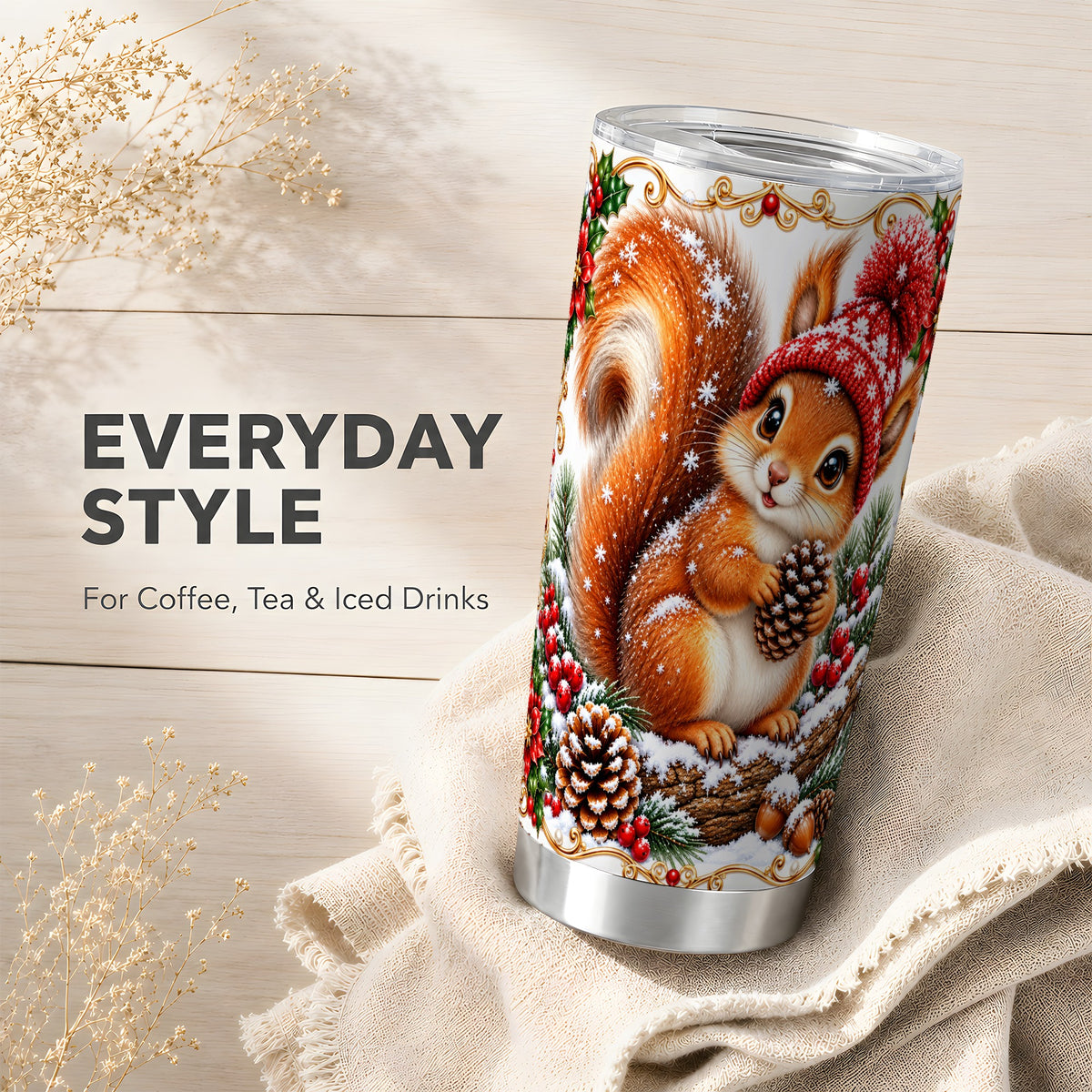 Christmas Squirrel Tumbler 20oz, Woodland Stainless Steel Travel Cup