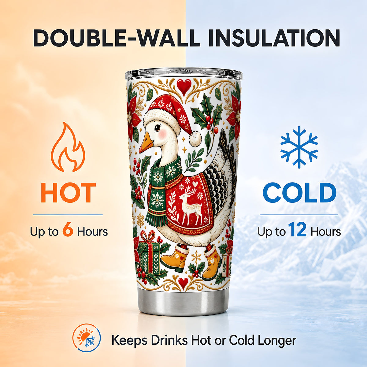 Christmas Goose Tumbler 20oz, Festive Stainless Steel Travel Cup