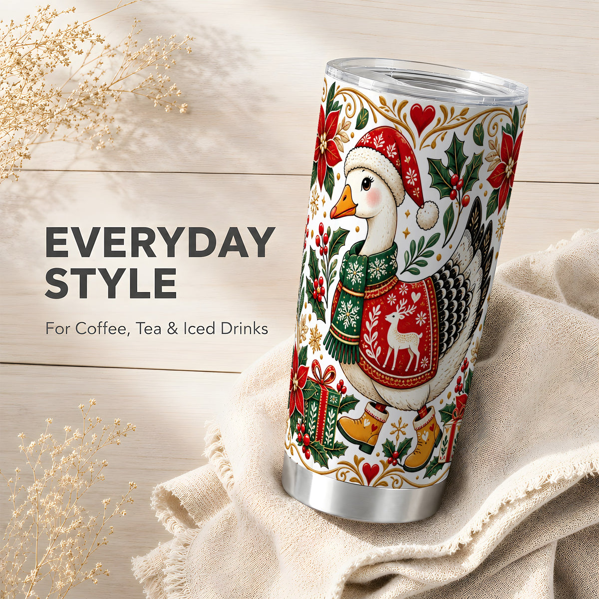 Christmas Goose Tumbler 20oz, Festive Stainless Steel Travel Cup