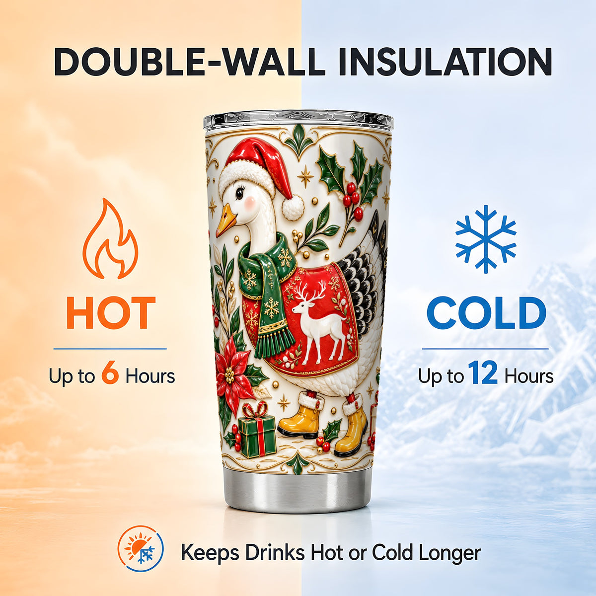 Christmas Goose Tumbler 20oz, Porcelain Style Stainless Steel Travel Cup