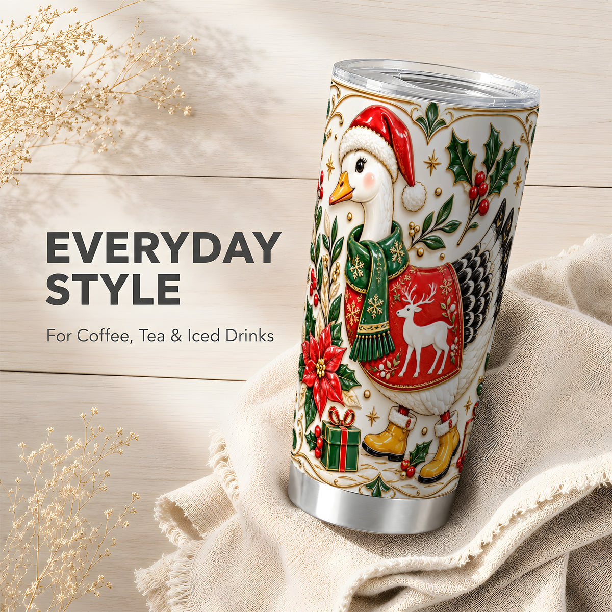 Christmas Goose Tumbler 20oz, Porcelain Style Stainless Steel Travel Cup