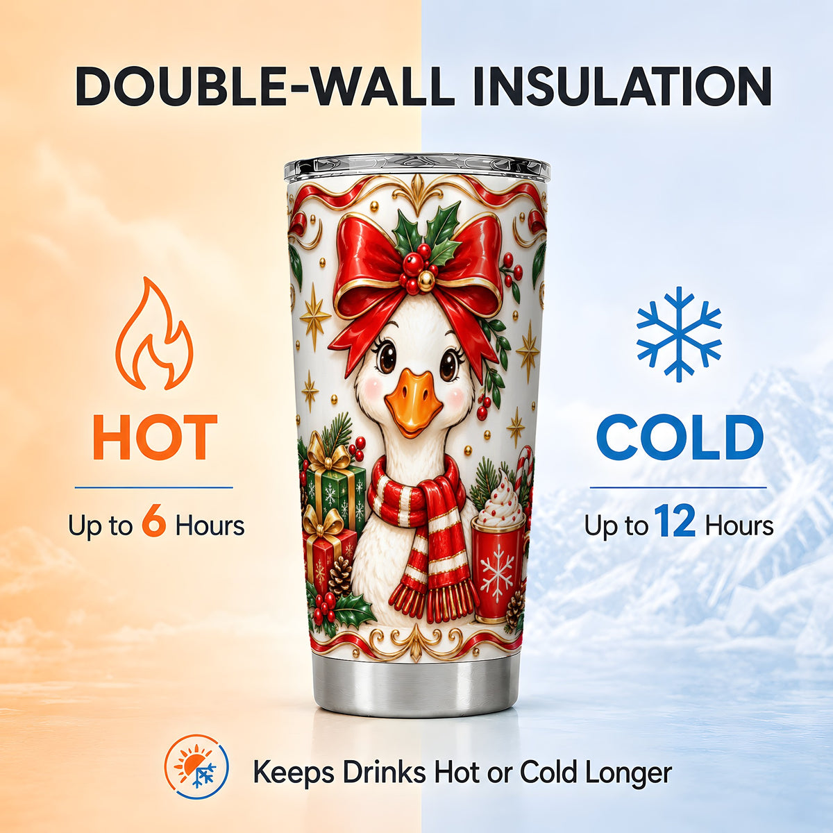 Christmas Goose Tumbler 20oz, Red Bow Stainless Steel Travel Cup