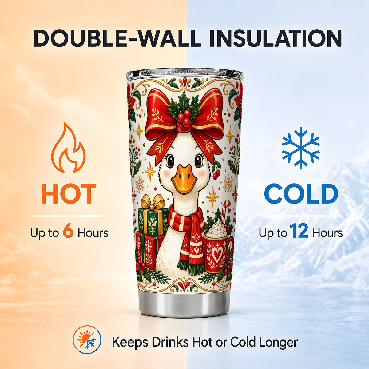 Christmas Goose Tumbler 20oz, Folk Art Stainless Steel Travel Cup